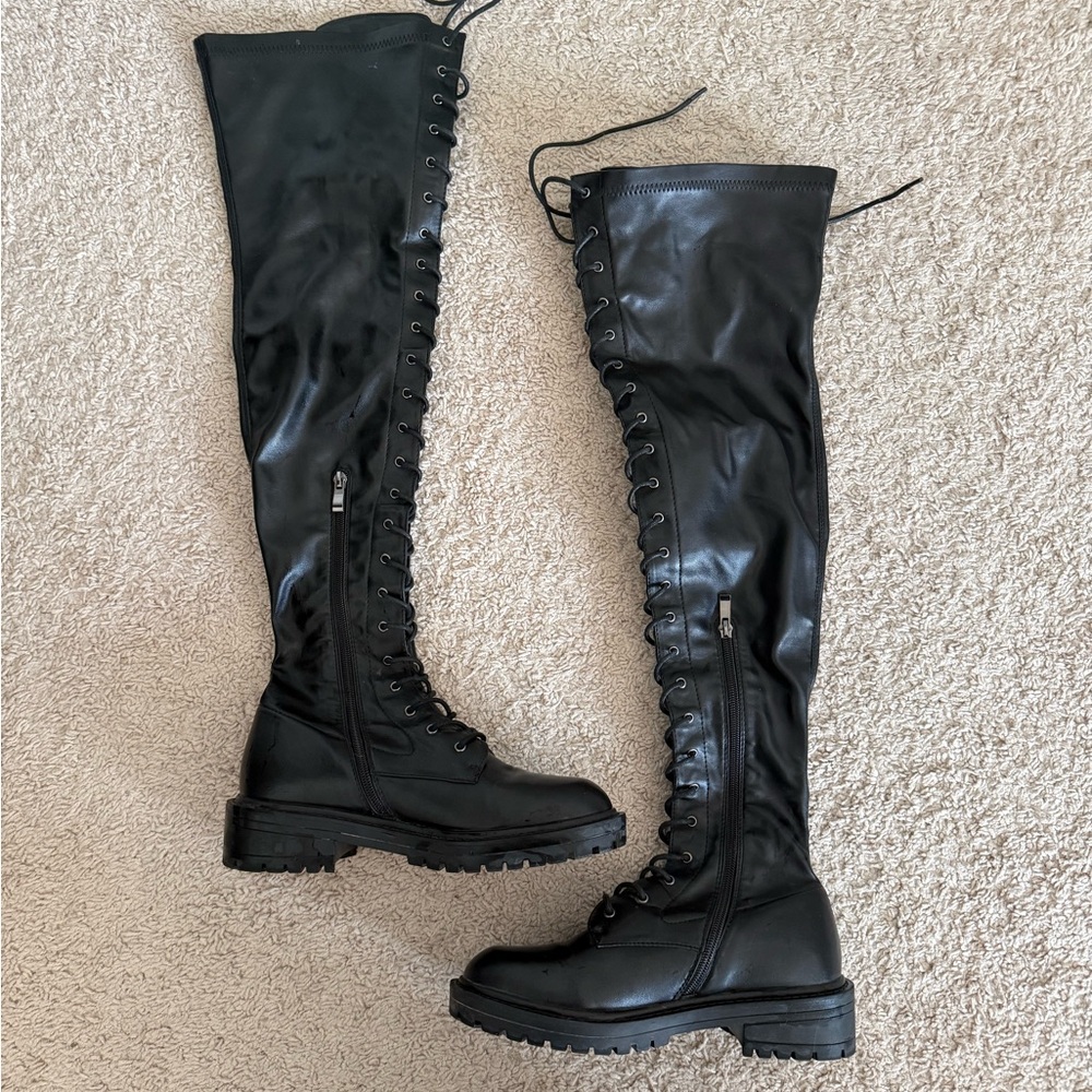 PrettyLittleThing Black Over-the-Knee Lace-Up Boots